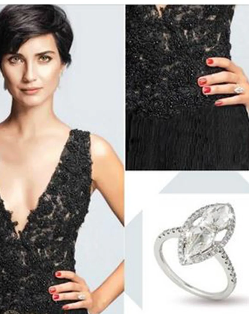 Tuba Büyüküstün’ün muhteşem markiz kesim pırlanta yüzüğü Diamond Line’dan…